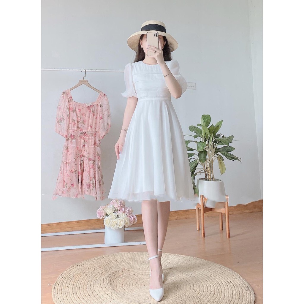 Váy trắng dài Jessica Dress -Lyn- Váy dài qua gối chất liệu gân Hàn cao cáp dáng xoè,dự tiệc,đi cưới,kỷ yếu.