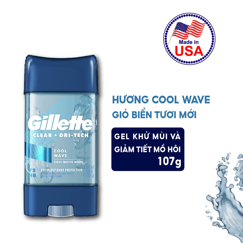 Lăn Khử Mùi Gillette Clear Gel 107g 72H Cool Wave anti white mark Phiên bản mới