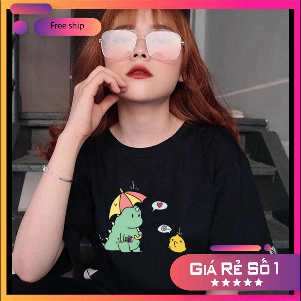 Áo Thun Tay Lỡ Unisex Form Rộng Nam Nữ Khủng Long Gà Vàng Basic Tee Oversize