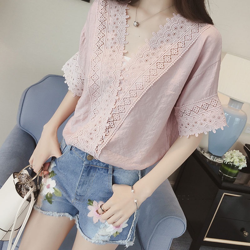 Áo IELGY chiffon tay ngắn cổ chữ v màu trơn thời trang dành cho nữ