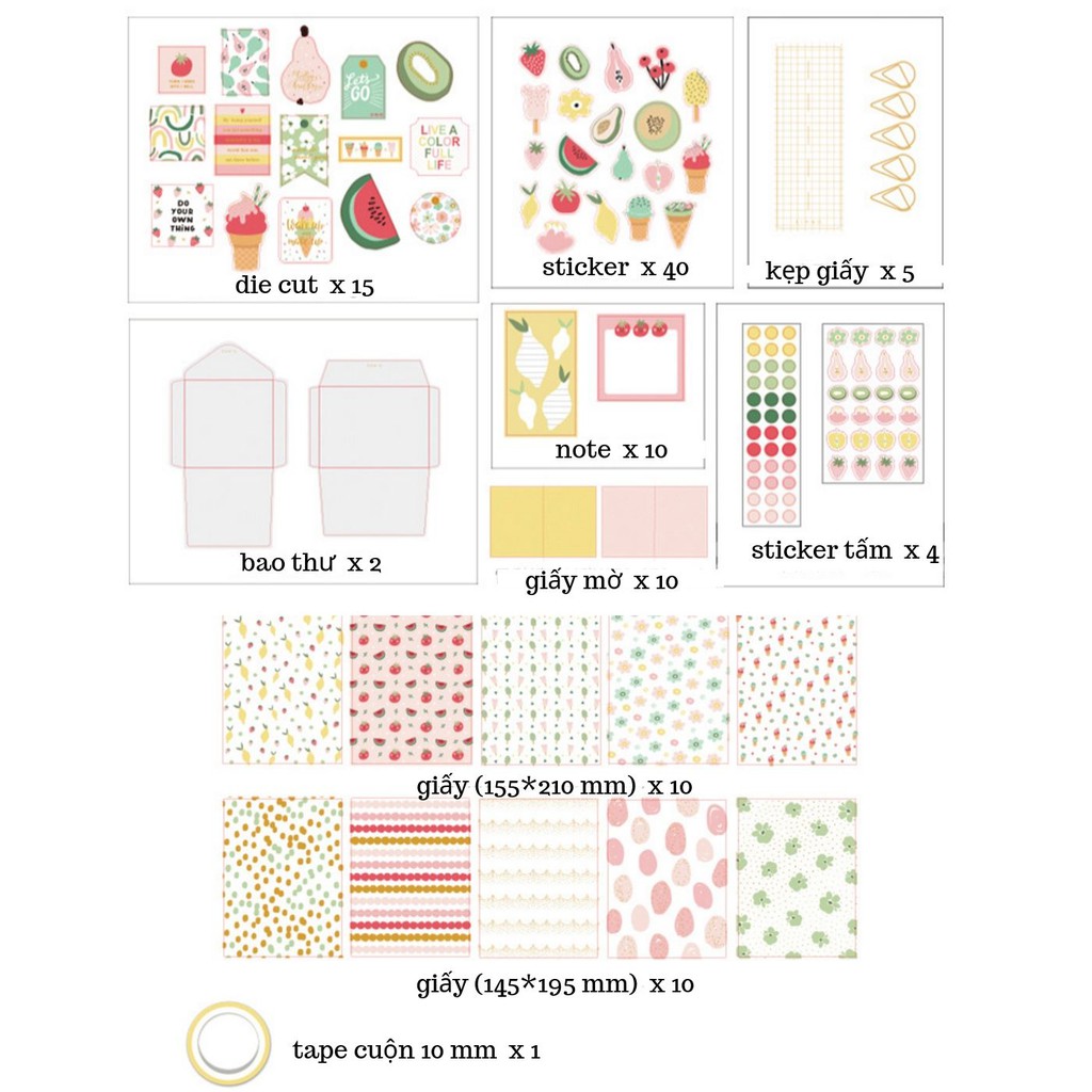 SET STICKER VÀ GIẤY TRANG TRÍ SCRAPBOOK, PLANNER, THIỆP 10 MÓN