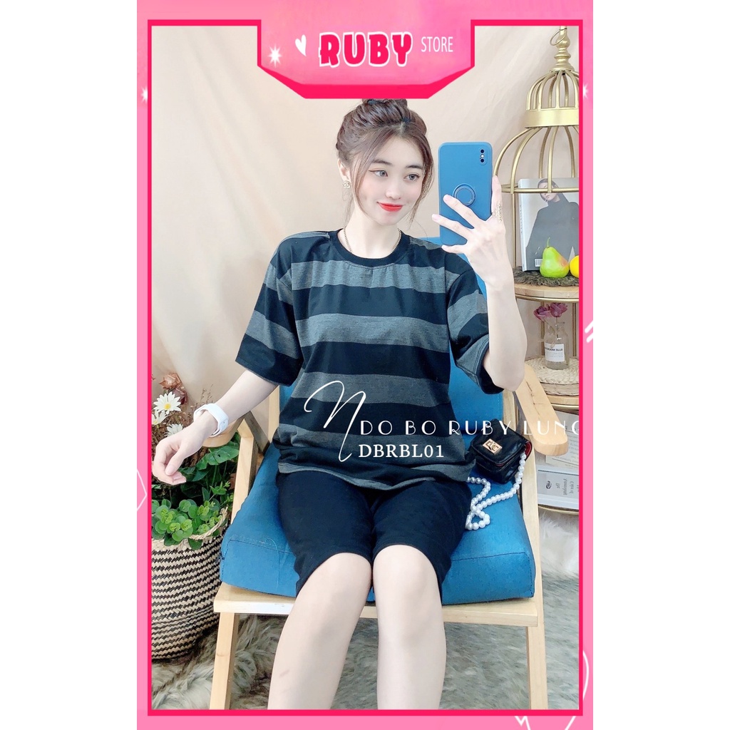 Đồ bộ thun lửng cho nữ mặc nhà chất vải mềm mát phối sọc in họa tiết xinh xắn DBRBLCT