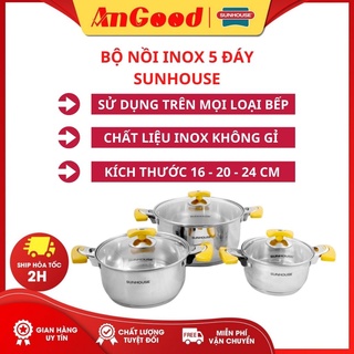 (HCM - Hỏa Tốc 2H) Bộ nồi inox 5 đáy SH787 SUNHOUSE bếp từ 16cm 20cm 24cm chất liệu inox cao cấp an toàn sức khỏe