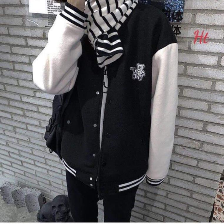Áo bomber phối trắng tay gấu ngồi Ht
