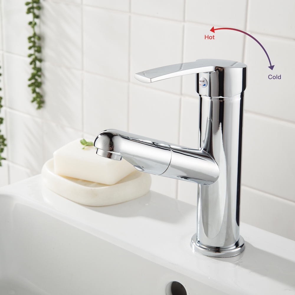 Vòi bồn rửa mặt, vòi Lavabo nóng lạnh dây rút bằng inox cao cấp cao 20 cm cắm chậu bảo hành 12 tháng
