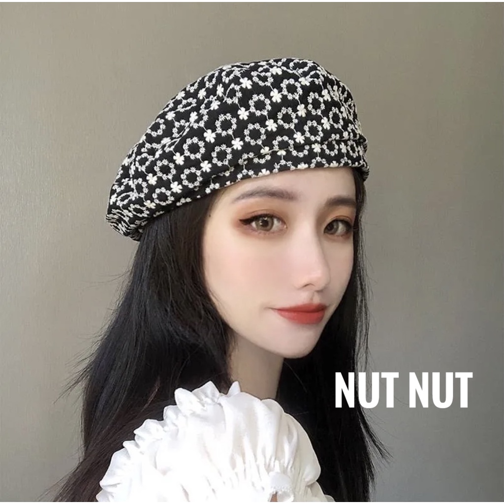 Mũ nồi hoạ tiết Beret thêu hoa vải xinh xắn mùa thu - mùa nồi vải Retro có dây rút cho nữ M03