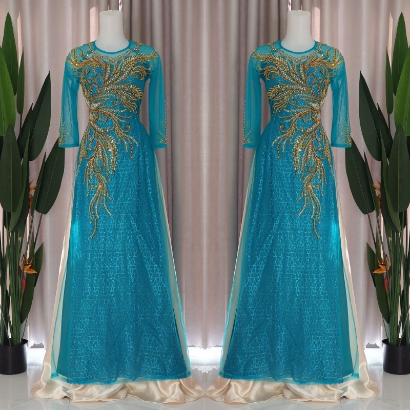 Áo Dài Cho Mẹ Cô Dâu - Áo Dài Sui Màu Xanh Ngọc Kết Kim Sa Sang Trọng ADM012