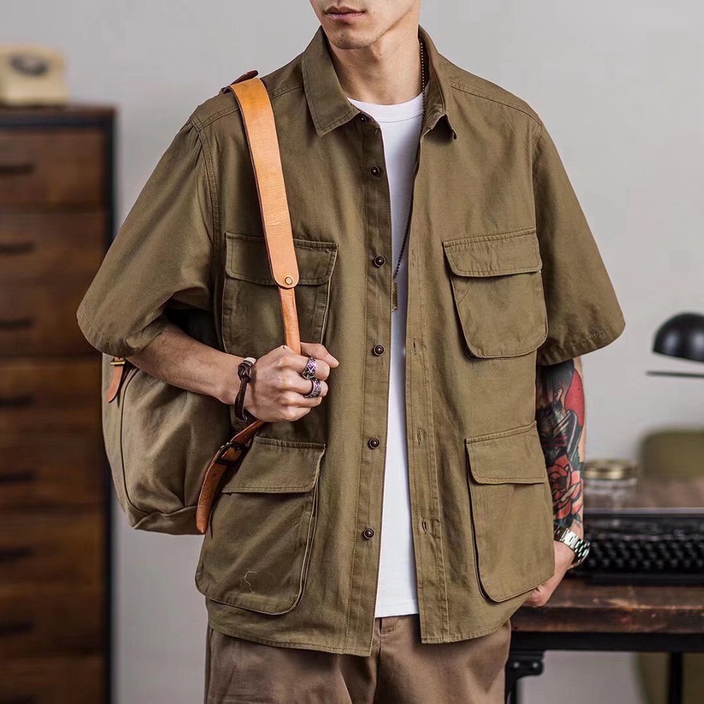 Áo Sơ Mi Nam Giả Nhiều Túi Ngắn Tay Dáng Rộng Đơn Giản Thời Trang Hàn Quốc Cho áo nam tay lỡ cotton Simple  áo khoác nam kaki Fashion áo nam đẹp áo sơ mi nam ngắn tay Bigsize