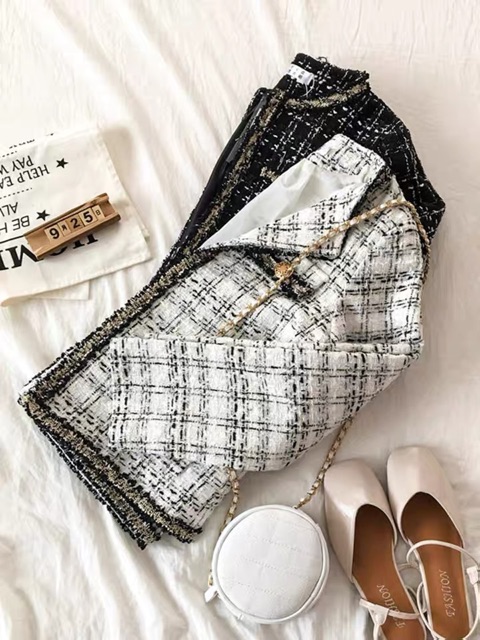 Áo khoác dạ tweed kẻ khuy vàng hàng đẹp