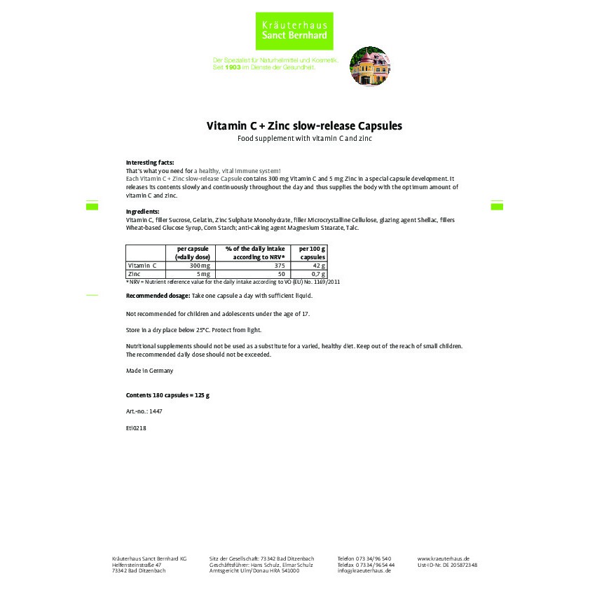 Viên uống Vitamin C và Kẽm tăng cường đề kháng miễn dịch,giúp đẹp da (hộp 60 viên) - [Chính hãng Sanct Bernhard Đức ] | Thế Giới Skin Care