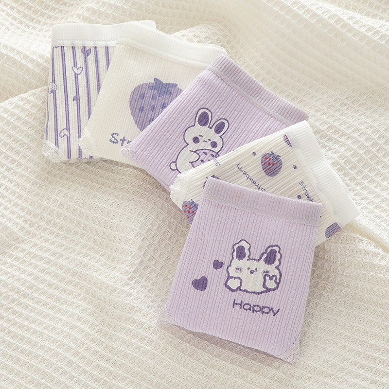Quần Lót Cotton Tăm Hình Thỏ Dâu Tông Tím Pastel Mềm Mại Cute QL53