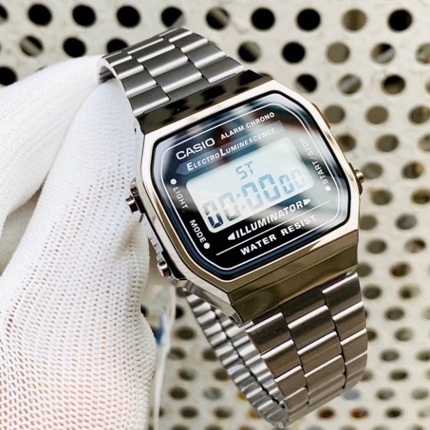 (Thẻ bảo hành 12 tháng) Đồng hồ điện tử nam nữ dây thép Casio A168 vintage xám chuột