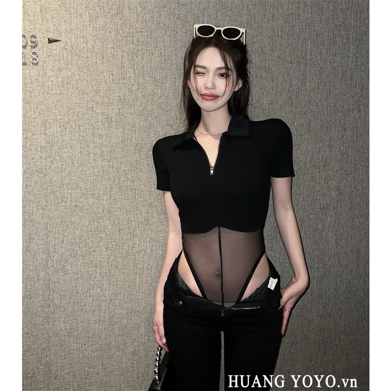 HUANG YOYO Áo Thun Cổ POLO Phối Lưới Thời Trang Dành Cho Nữ croptop