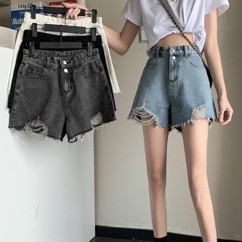 Quần Short Denim Lưng Cao Ống Rộng Phong Cách Hong Kong Cho Nữ
