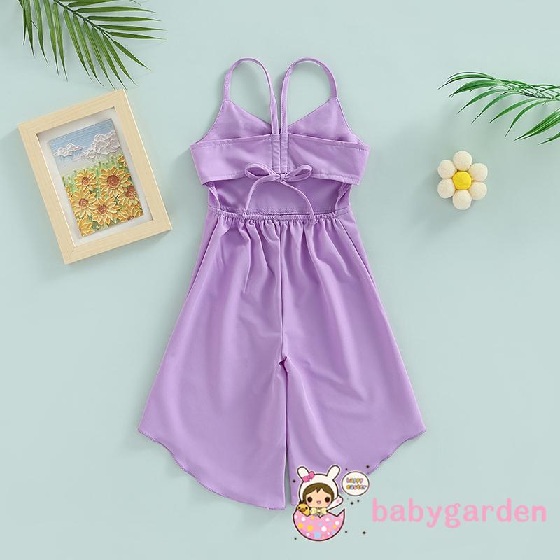 Áo liền quần Tay Loe Dài Cổ Chữ V Màu Trơn Thời Trang Mùa Hè Cho Bé Gái 1-6 Tuổi