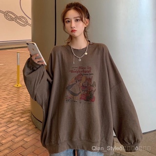 Image of 2021Spring Autumn New Oversized Sweater Women Korean Version Hoodies insTrendy Lazy Thin Sweatershirts Cotton Long Sleeve Loose round Neck Mid-Length Top