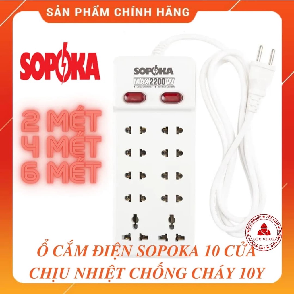 Ổ cắm điện 10 cửa SOPOKA 10Y - 2 mét 4 mét 6 mét - chịu nhiệt, chống va đập tốt