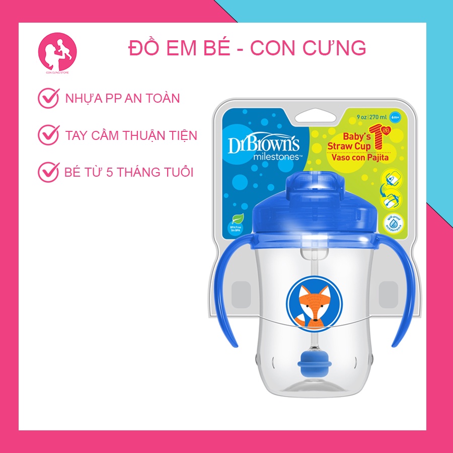 Bình uống nước Dr.Brown's chính hãng, có ống hút 360 độ, bé từ 5 tháng tuổi - con cưng akachan