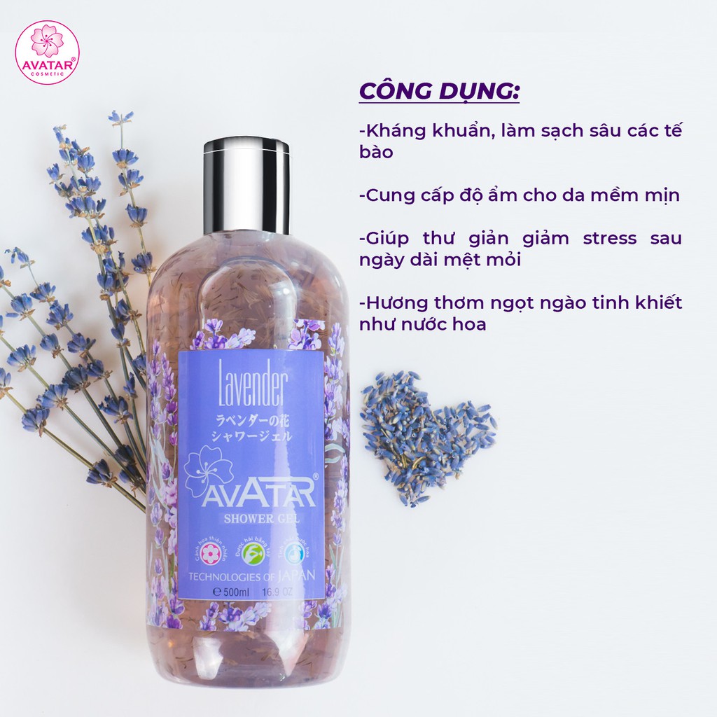 Sữa tắm nước hoa Nhật Bản cánh hoa thật Lavender AVATAR hương thơm quý phái 500ml