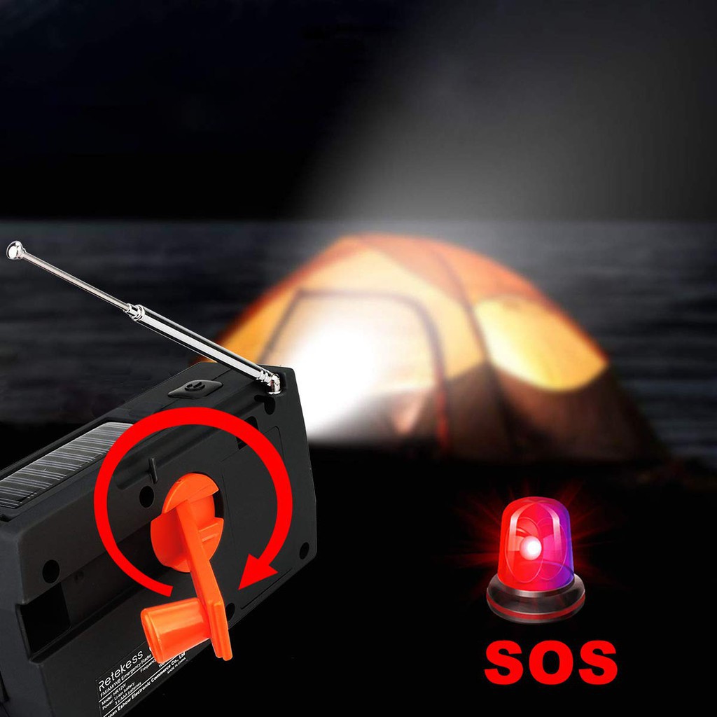 Radio Retekess HR12W AM FM NOAA 2000mAh có đèn pin LED phát tín hiệu SOS kiêm sạc dự phòng cho điện thoại