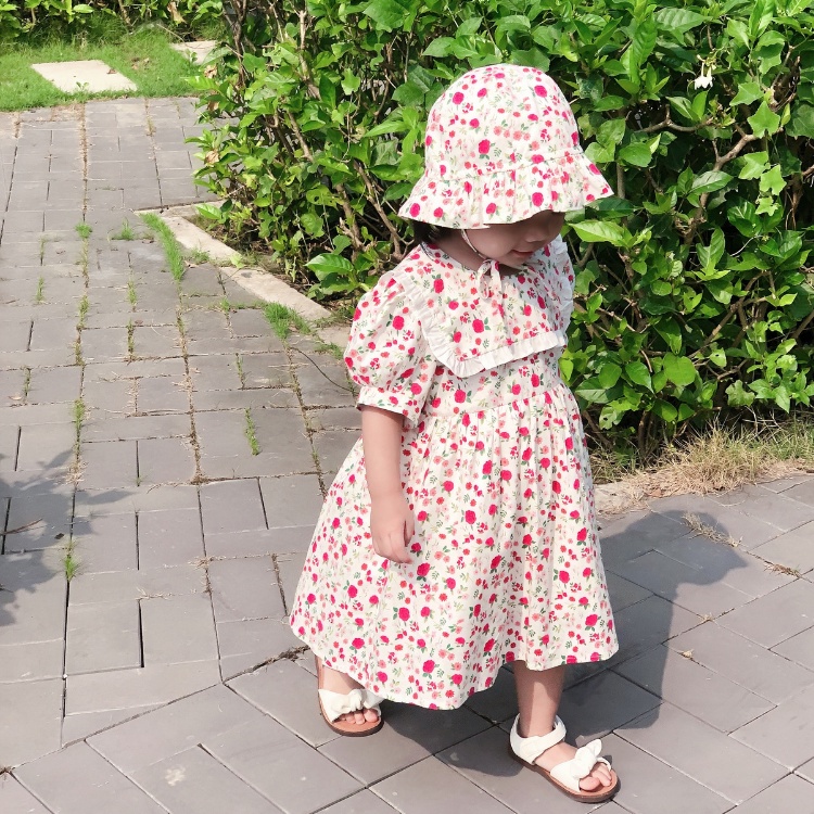 Váy bé gái CARROT có tay cổ thuỷ thủ, họa tiết hoa lá nhí hồng, chất liệu Thô cotton thấm hút mồ hôi