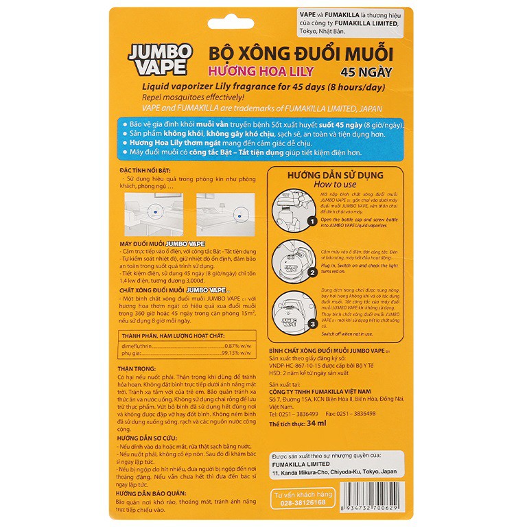 Bộ xông tinh dầu đuổi muỗi Jumbo Vape Công ty Nhật - sản xuất tại Việt Nam