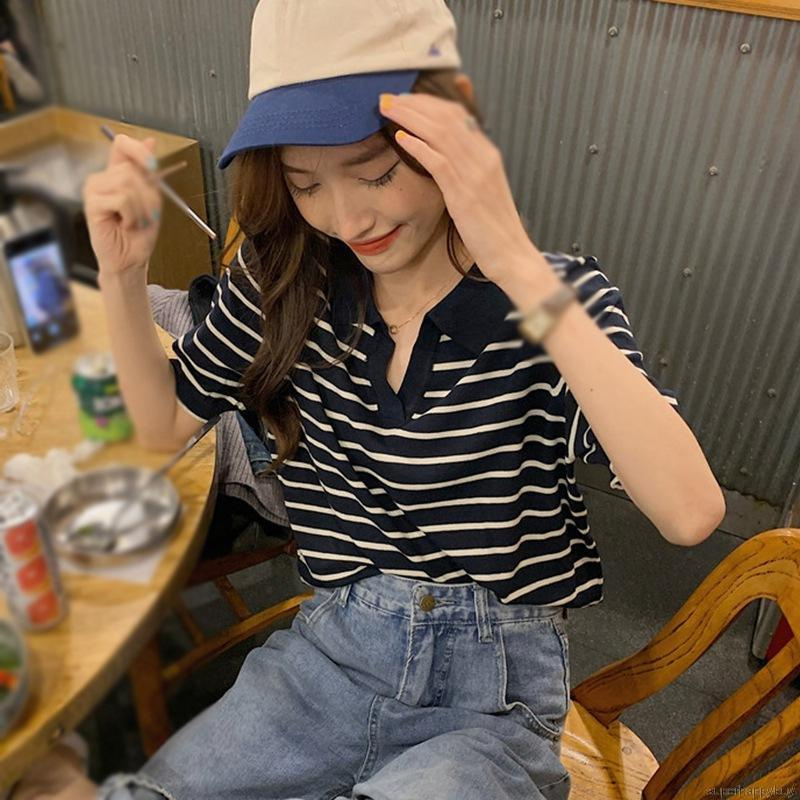 Áo Dệt Kim Thun Ngắn Tay Sọc Ngang Kiểu Hàn Quốc Dáng Rộng Mùa Hè Cho Nữ