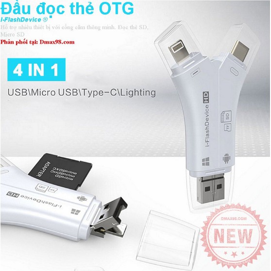 Đầu đọc thẻ OTG 4 in 1 cho iphone, ipad, macbook, android, pc ... i-FlashDevice HD 4in1 CardReader Siêu nhanh