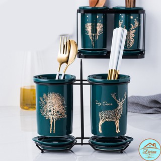 Ống đựng đũa sứ 2 lọ xanh cổ vịt họa tiết hươu voi sứa hàng xuất Nhật