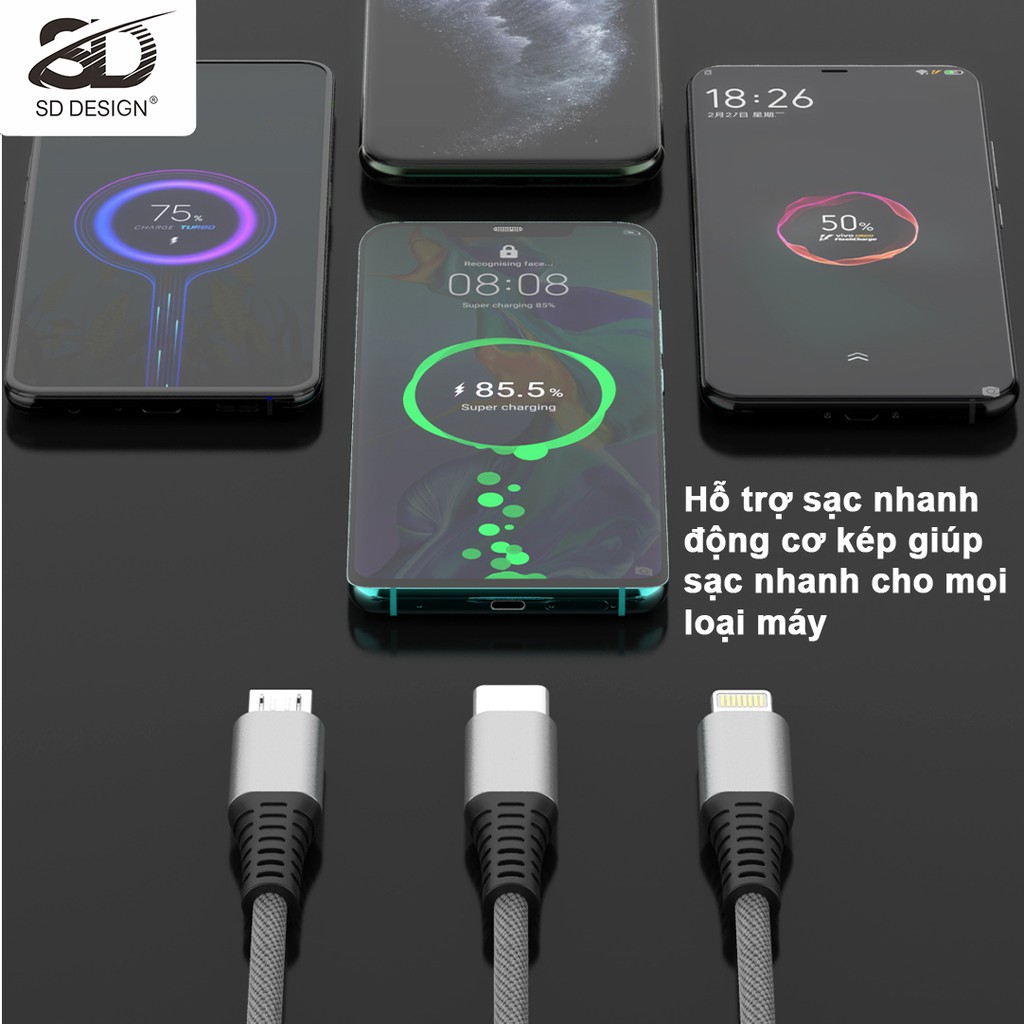 Cáp sạc dây dù chính hãng SD DESIGN M12s sạc siêu nhanh, siêu bền dùng có iphone, samsung, oppo