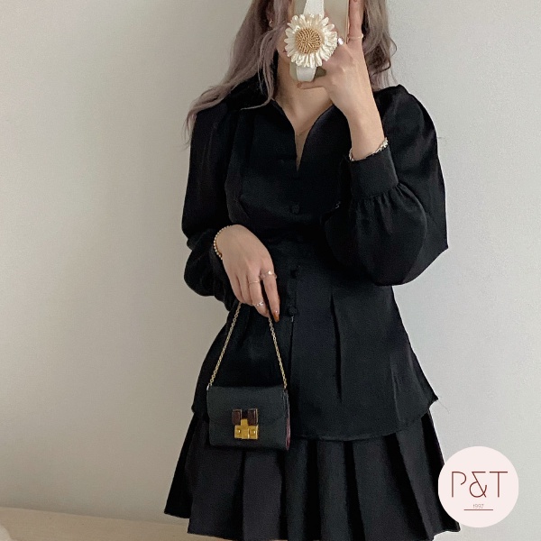 Áo Sơ Mi Lụa Cúc Bọc Thắt Nơ Lưng Siêu Xinh