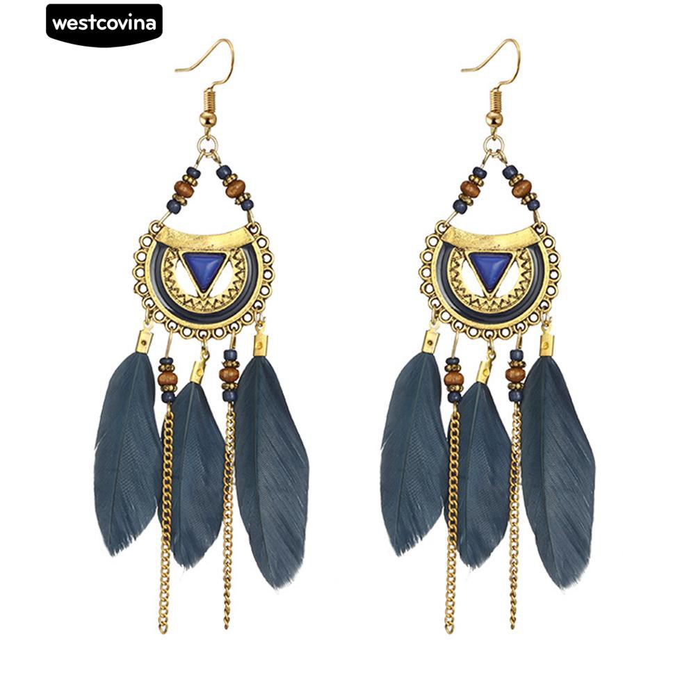 Đôi Khuyên Tai Kiểu Móc Lông Vũ Và Hạt Tua Rua Phong Cách Dân Tộc Cho Phụ Nữ