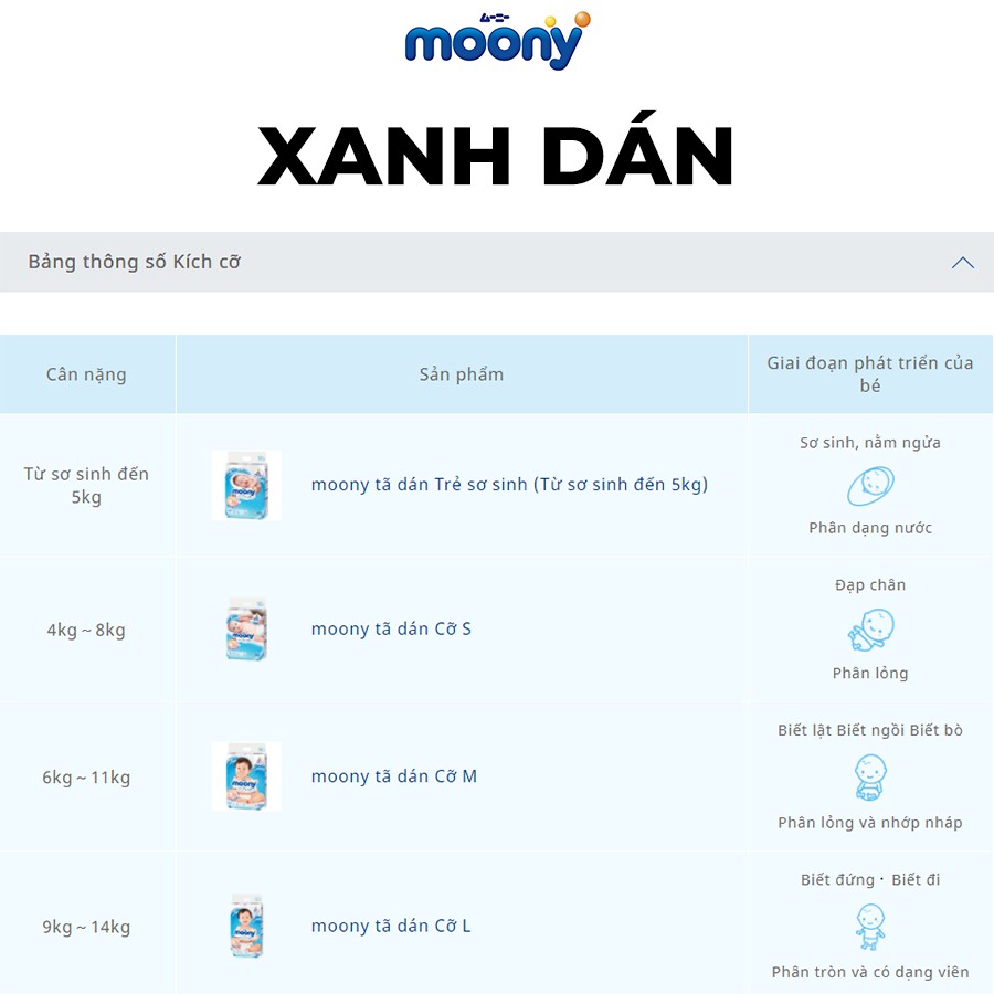 Bỉm  dán/quần Moony đủ size nb90/s84/m64/m58/l54/l44/xl38  – Ú Òa