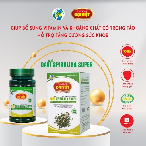 Tảo xoắn Đại Việt Davi Super Viên uống Spirulina cao cấp Giúp bổ sung Vitamin và khoáng chất. Lọ 200v/400v