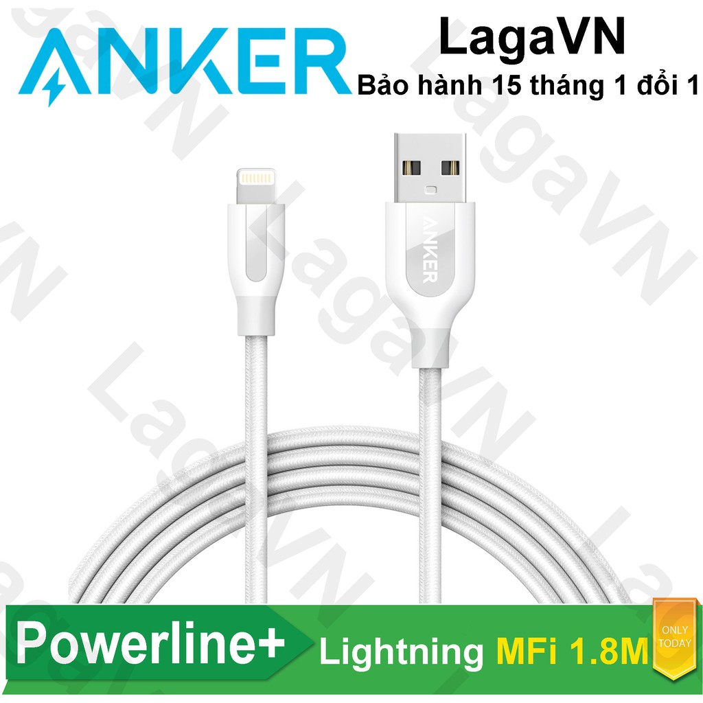 Cáp sạc nylon ANKER PowerLine+ Lightning MFi dài 1.8m (không túi da) cho iPhone iPad iPod - A8122