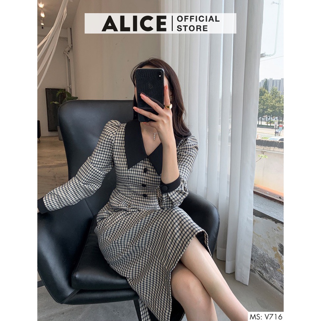 Váy Công Sở Kẻ Dài Tay Dáng Suông ALICE V716, Váy Thiết Kế Bo Cổ Tay Sang Chảnh Cho Mùa Thu Đông | BigBuy360 - bigbuy360.vn