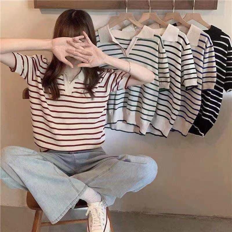 [ CÓ ẢNH THẬT + VIDEO TỰ QUAY ] Áo Phông Kẻ Ngang Cổ Sơ Mi Kẻ Ngang Dáng Ngắn Có 4 Màu Cực Xinh Nha | BigBuy360 - bigbuy360.vn