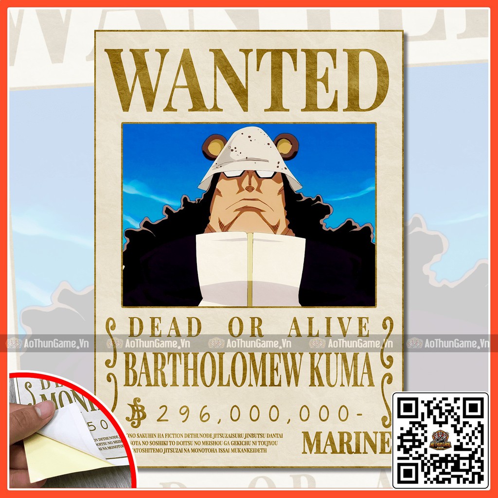 Poster One Piece Kuma / Poster  truy nã One Piece / Hình dán tường Full HD mới nhất (Shop AoThunGameVn)