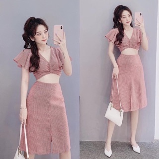 SET ÁO CROPTOP CỘT NƠ TAY TIÊN ĐẮP CHÉO CHÂN VÁY XẺ TÀ CARO KÈM ẢNH THẬT