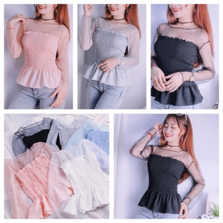 Áo voan nhúng tay lưới peplum