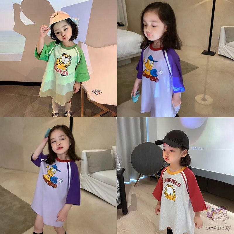 Đầm tay ngắn in hoạt hình phong cách mùa hè Hàn Quốc cho bé gái