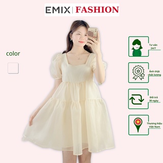 Váy babydoll tơ xoè EMIX (màu da), tiểu thư, dáng dài, cổ vuông, tay bồng, xòe, vải tơ mềm nhẹ, 2 lớp 8277