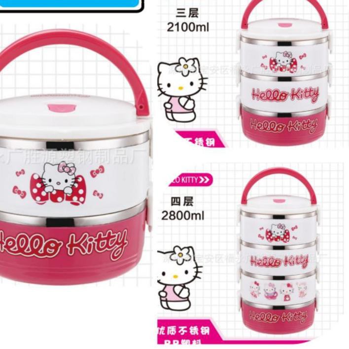 Hộp Đựng Cơm Trưa T6T 2 / 3 / 4 Ngăn Bằng Thép Không Gỉ Màu Hồng Hình Hello Kitty Dễ Thương