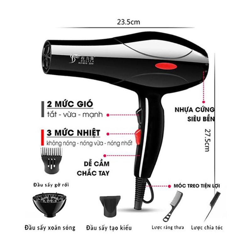 Máy sấy tóc mini công suất lớn Deliya tạo kiểu 2 chiều nóng icon công suất 2200W tặng kèm 5 phụ kiện