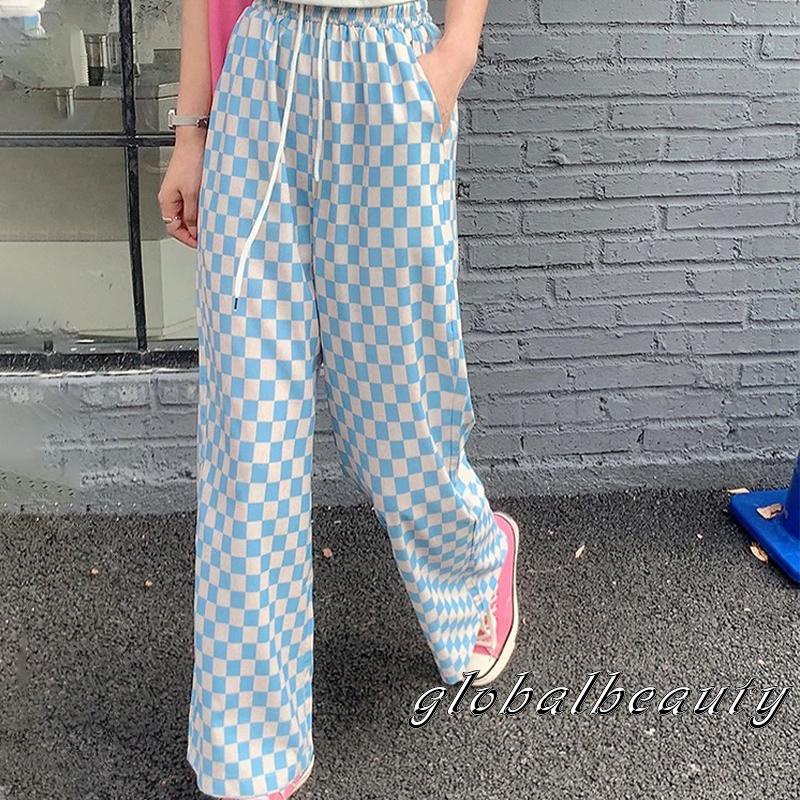 Quần Dài Ống Rộng Họa Tiết Caro Lưng Thun Co Giãn Có Thể Điều Chỉnh Thời Trang Mùa Xuân Cho Nữ 00GB