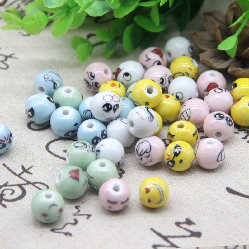 Túi 10 Hạt Sứ Xâu Chuỗi 14mm Hình Mặt Cười Dùng Làm Trang Sức Thủ Công