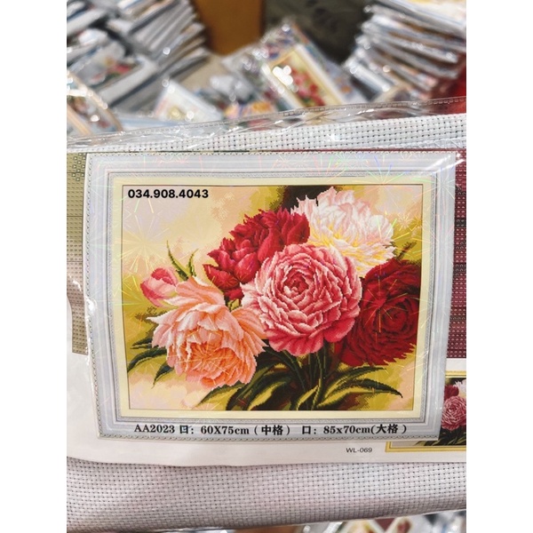 tranh thêu chữ thập hoa mẫu đơn đẹp AA2023 (60x75) - tranh chưa thêu
