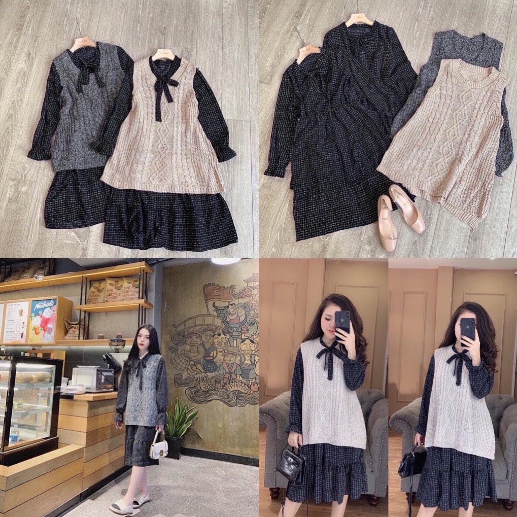 Set len gile váy đuôi cá cổ nơ