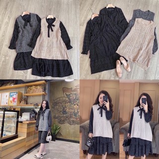 Set len gile váy đuôi cá cổ nơ
