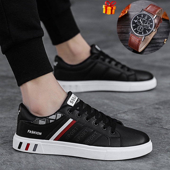 Giày Thể Thao Nam, Giày Nam Sneaker Màu Trắng, Màu Đen Bằng Da Mềm Mịn Form Gọn Ôm Chân Tặng Kèm Đồng Hồ Nam